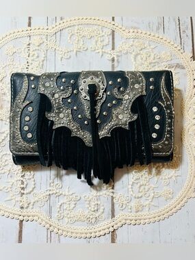 Black Leather Wallet Fringe Studded Trifold Wristlet Silver & Rhinestone Accents